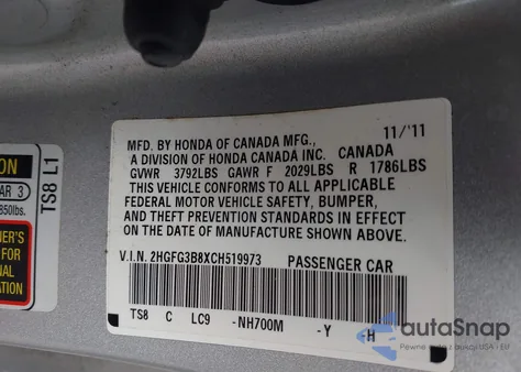 2012 Honda Civic Ex z USA, uszkodzony, nr VIN 2HGFG3B8XCH519973